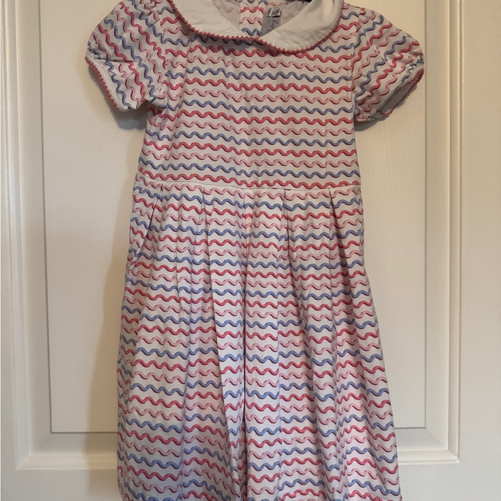 Rachel Riley Pink & Blue Wavy Stripe Peter Pan Collar Dress